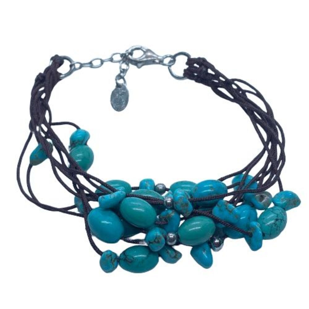J+T Signed 925 Sterling Silver & Turquoise Stone Beads Multi Strand Bracelet